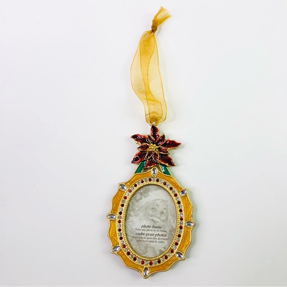 Poinsettia Crystal Christmas Holiday Picture Frame Mini Oval Ornament 1990s - Picture 3 of 4
